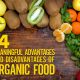 Illustration highlighting the 14 meaningful advantages and disadvantages of organic food, including health benefits, environmental impact, and cost factors.